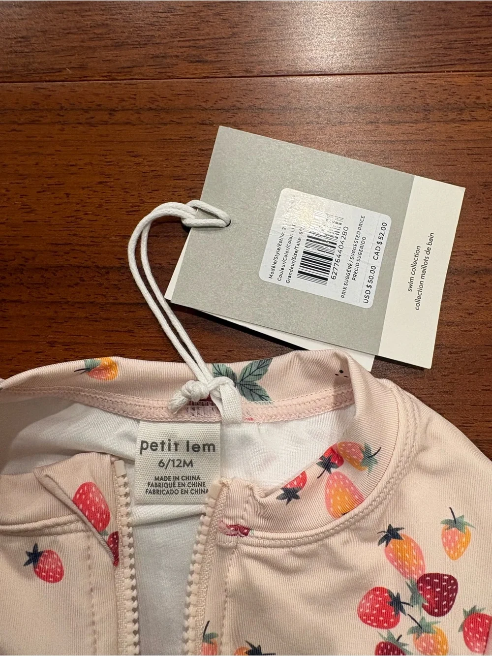 Petit Lem Cream Pink Strawberry Print Long-Sleeve One-Piece Swimsuit